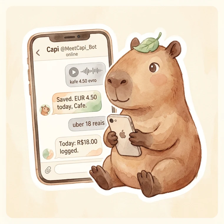 A capybara reading the day's spending in Telegram. Coffee, groceries, and a quick currency conversion.